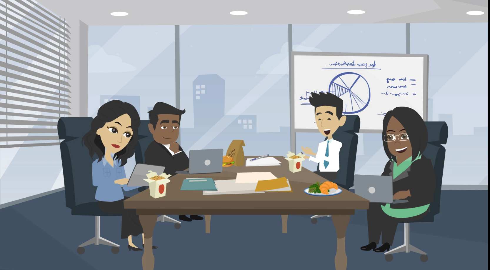 Recognizing burnout video screenshot, showing office meeting.